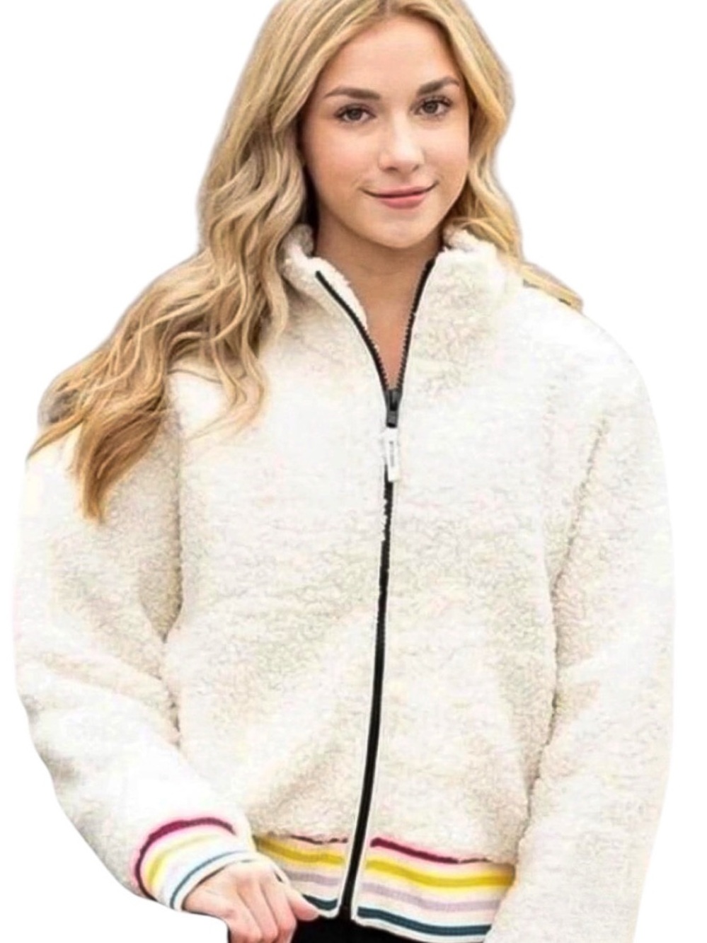 Ivory Ella Sherpa Varsity Striped Bomber Jacket/Coat